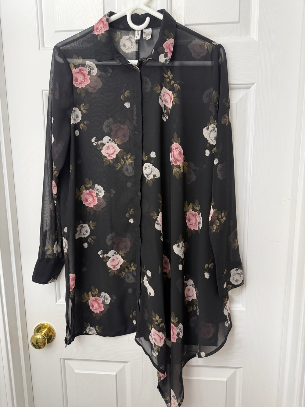 H&M Black Sheer Floral Button-Down Blouse with Light Pink Roses